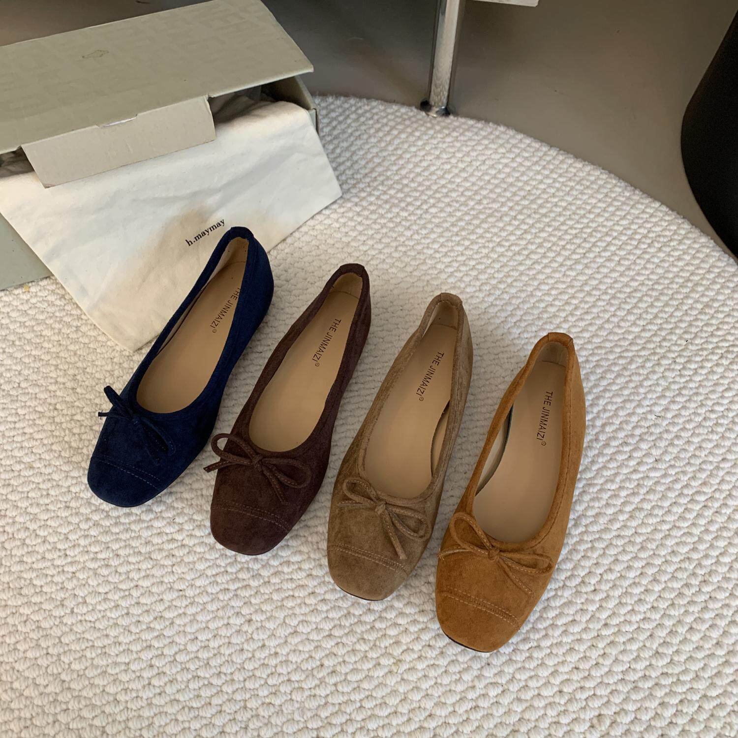 方头复古绒面甜美蝴蝶结平底浅口单鞋时尚百搭一脚蹬软底豆豆鞋女