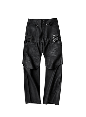 GOJOYJINNI王齐铭同款双膝结构绑带弯刀水洗刷蜡工装宽松牛仔裤