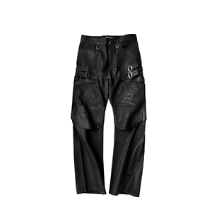 GOJOYJINNI王齐铭同款双膝结构绑带弯刀水洗刷蜡工装宽松牛仔裤