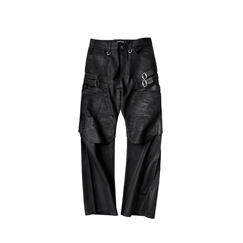 GOJOYJINNI王齐铭同款双膝结构绑带弯刀水洗刷蜡工装宽松牛仔裤