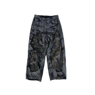 GOJOYJINNI迷彩割破做旧水洗刷蜡口袋宽松阔腿baggy牛仔裤
