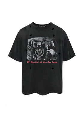 GOJOYJINNI反战喷脏破坏洗水做旧短宽复古印花短袖T恤