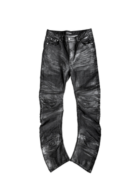 GOJOYJINNI弯刀竹节纹水洗银粉刷蜡立体猫须弹力黑色牛仔裤