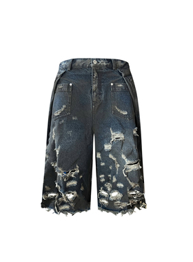 GOJOYJINNI解构糜烂水洗做旧打褶脏染破坏牛仔七分裤