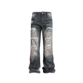 GOJOYJINNI 铁锈擦色破坏贴布压皱猫须水洗做旧宽松直筒牛仔裤