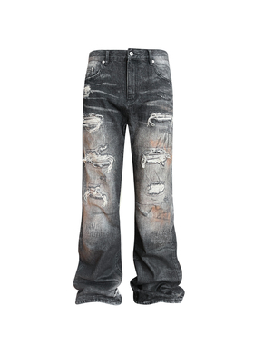 GOJOYJINNI 铁锈擦色破坏贴布压皱猫须水洗做旧宽松直筒牛仔裤