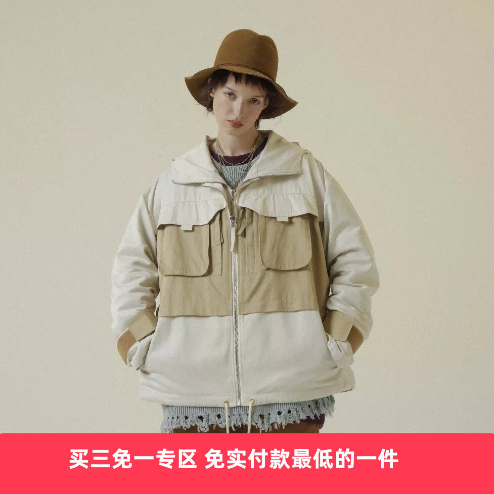 UNVESNO 卡其色假两件撞色休闲潮牌防风宽松风衣外套夹克
