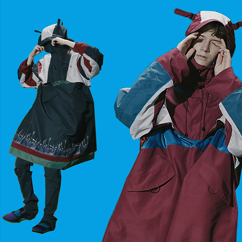 UMAMIISM半拉链丝质拼接连帽风衣