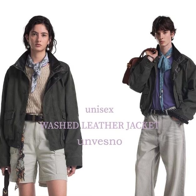 Unvesno皮领洗褪短廓型飞行夹克