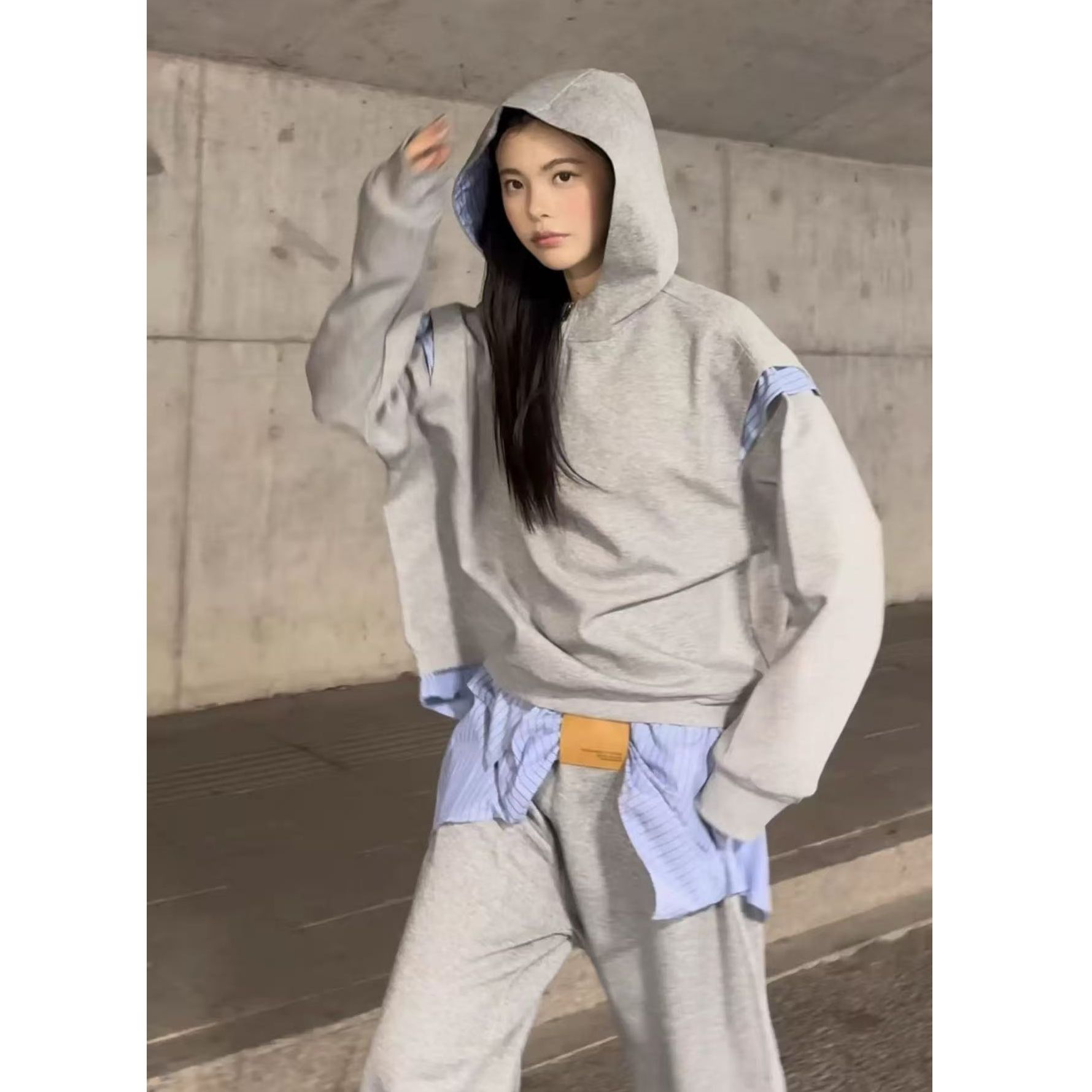 美式连帽拉链假两件套装女春秋款