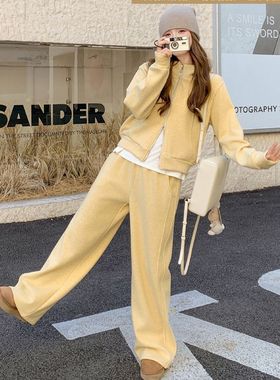 黄色休闲运动套装女2025春秋新款连帽卫衣阔腿裤宽松减龄两件套潮