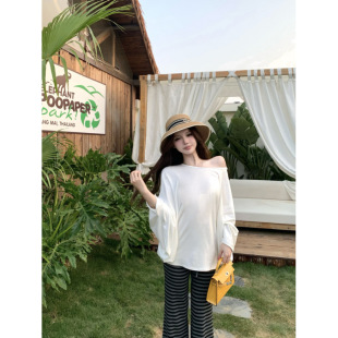 不规则防晒T恤 套装 蝙蝠袖 微喇条纹休闲裤 女 宽松罩衫 露肩长袖