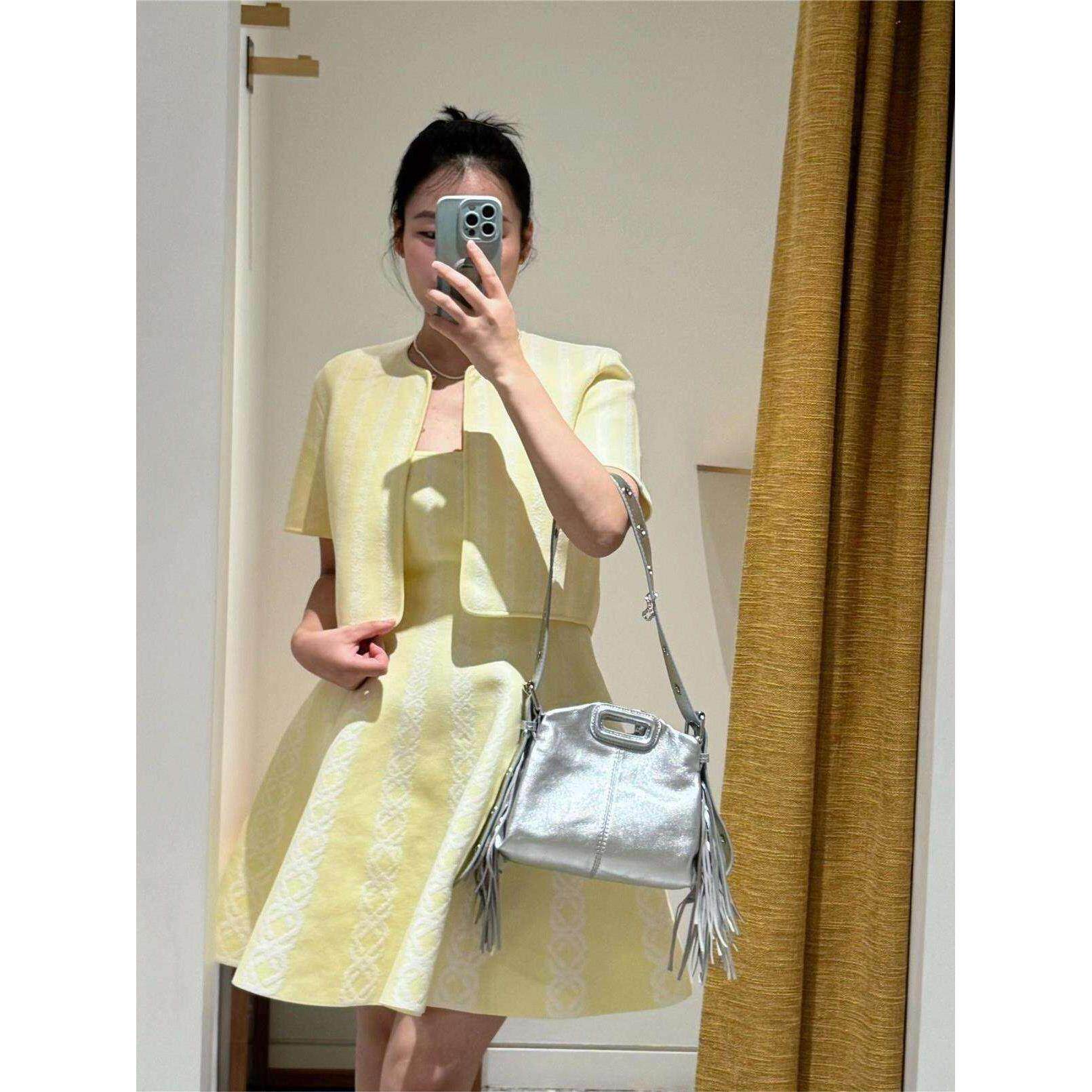 CI代购M家26春夏甜美奶黄色短袖提花条纹针织开衫MFPCA00707