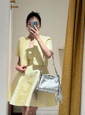 CI代购M家26春夏甜美奶黄色短袖提花条纹针织开衫MFPCA00707