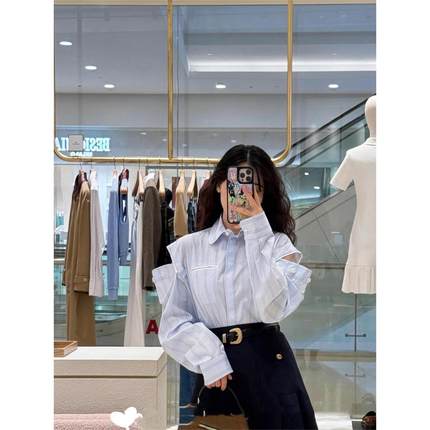 CI代购S家25秋冬竖条纹娃娃领宽松长袖衬衫棉SFPCM01544