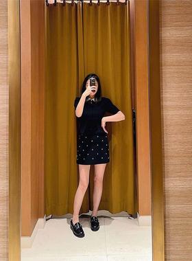 CI代购S家26春夏简约黑色仿钻装饰A字短裤针织半裙SFPTS01749