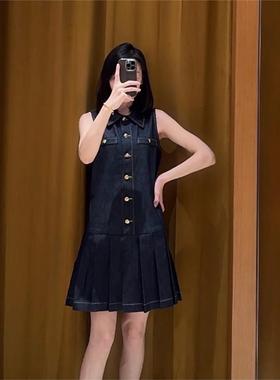 CI代购25秋冬S家明线装饰无袖方领荷叶边牛仔连衣短裙SFPRO04394