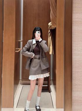 CI代购S家25秋冬撞色荷叶边拼接羊毛高腰A字半裙SFPJU01548