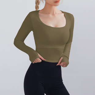 长袖瑜伽服女2023新款带胸垫一体式运动上衣紧身速干普拉提