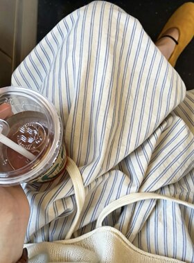 李姐万岁松紧腰半身裙韩系慵懒风棉质竖条纹抽绳春夏米灰蓝条纹