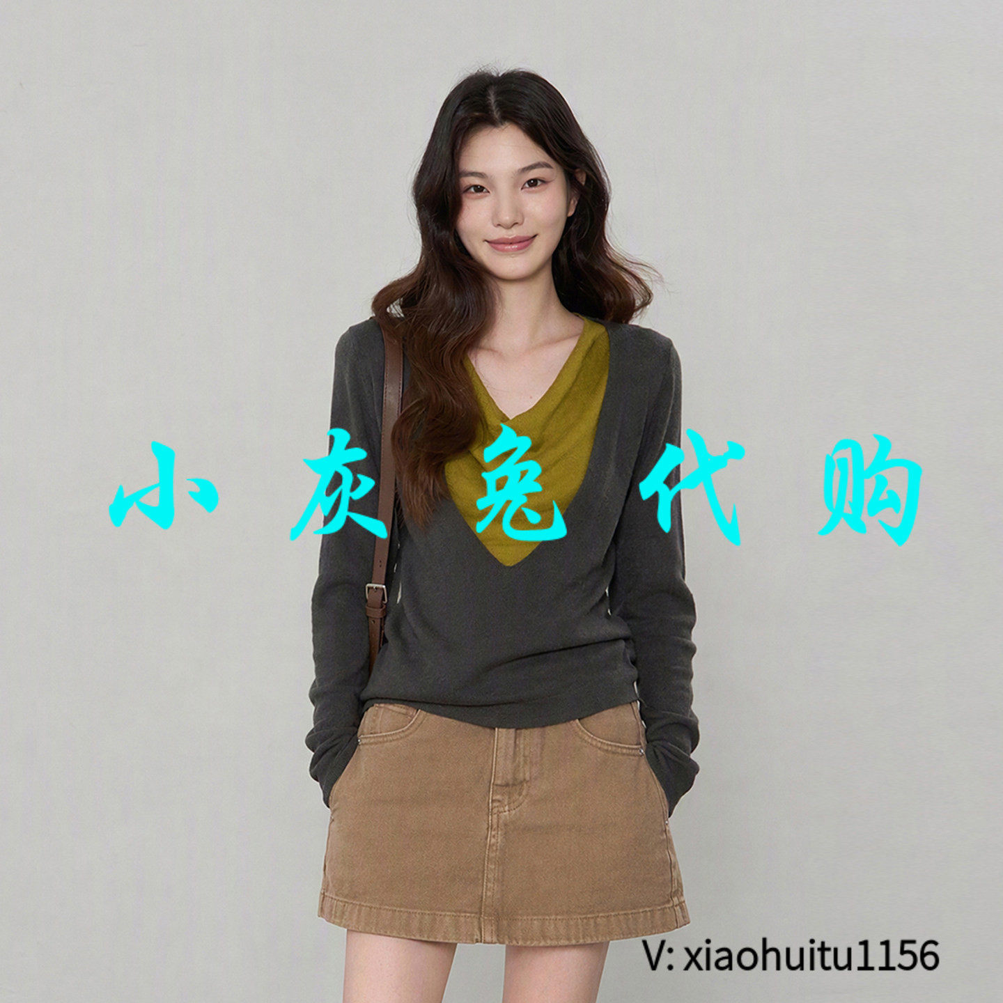 小灰兔正品代购橄榄绿羊毛假两件羊毛撞色挂脖显瘦长袖针织衫秋