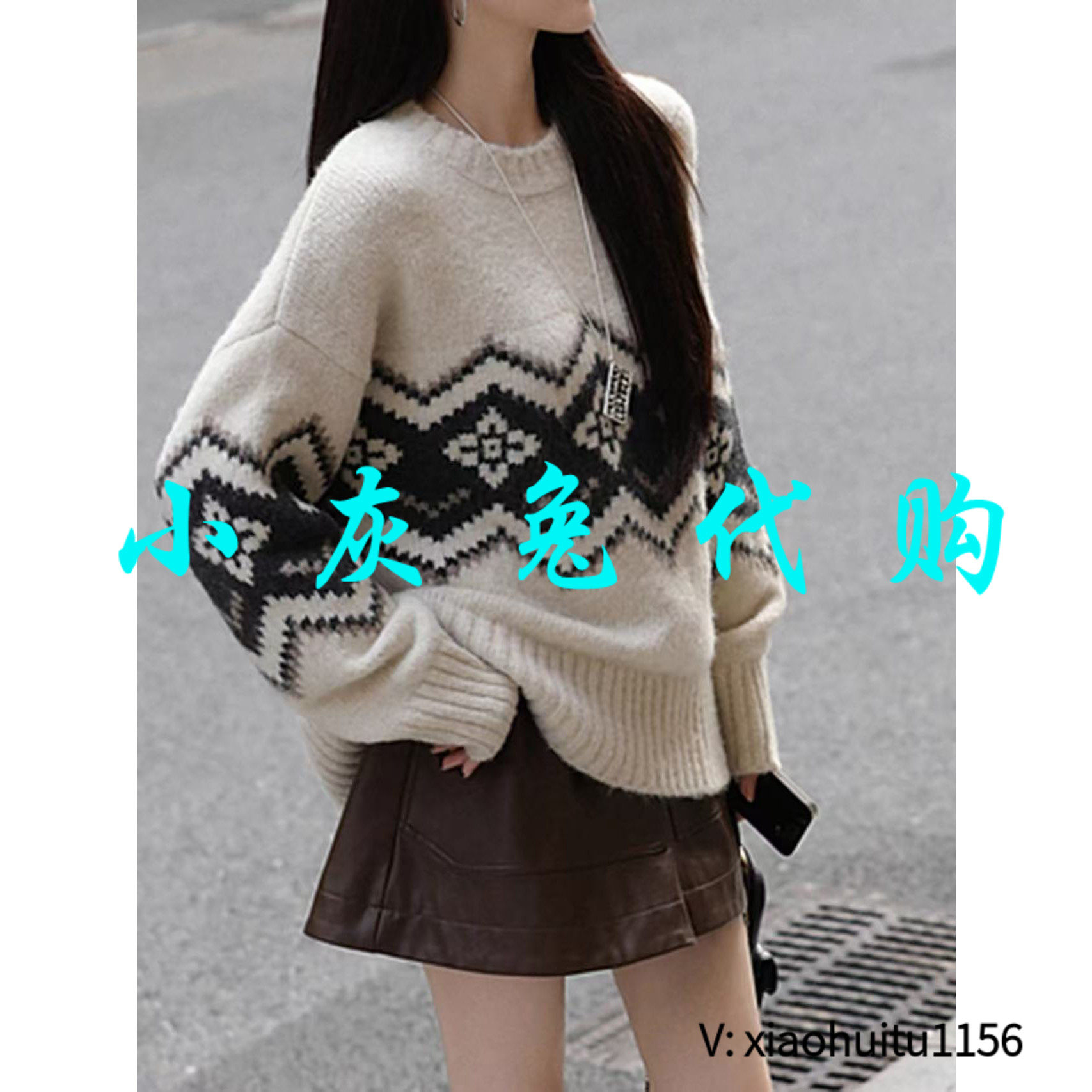 小灰兔专柜正品代购 提花圆领拼色针织衫毛衣套头宽松女1390822