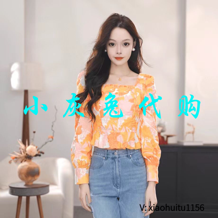 小灰兔专柜正品代购2026秋装新款印花法式方领530044-2A83757