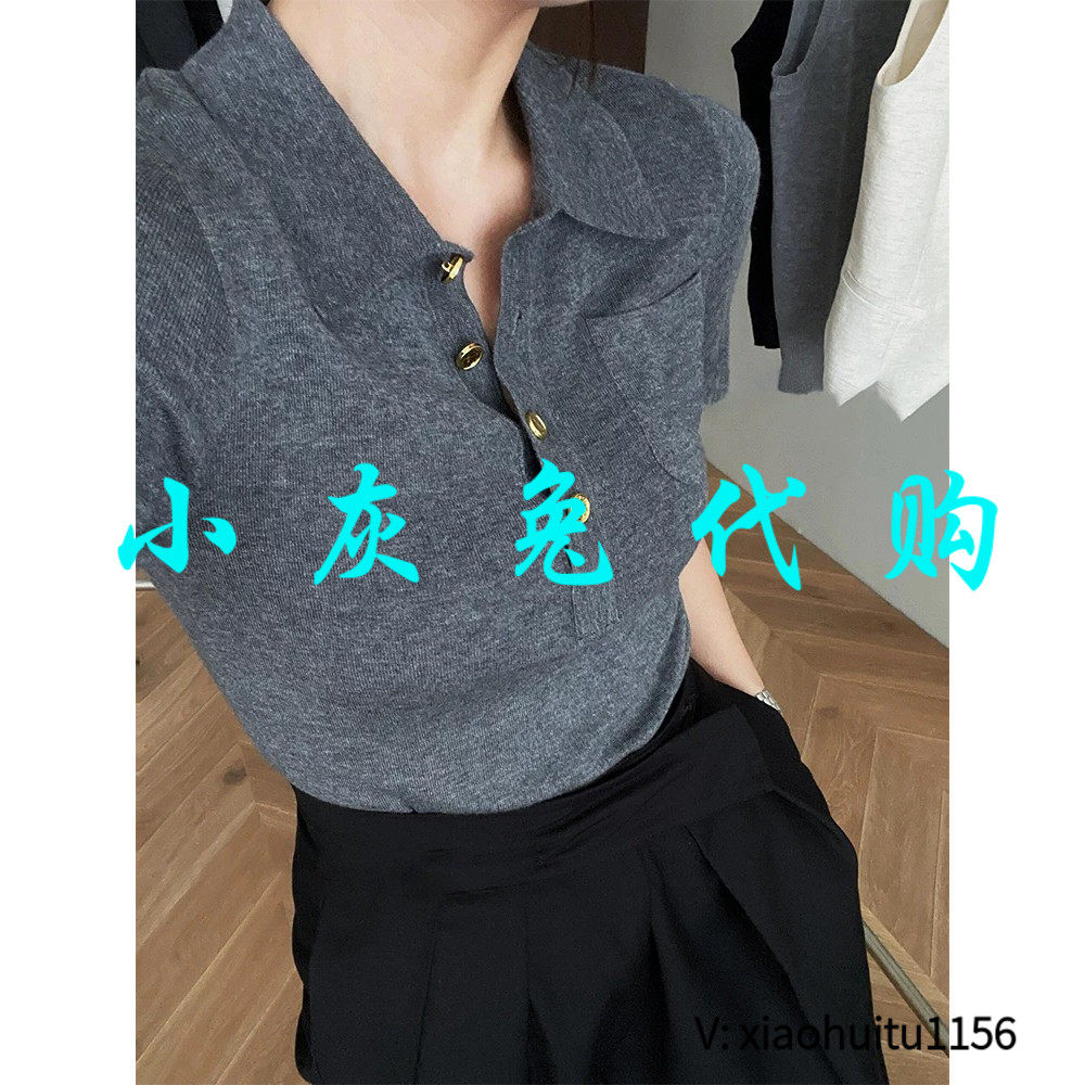 小灰兔专柜正品代购2025夏季 法式Polo领黑色短袖针织衫女