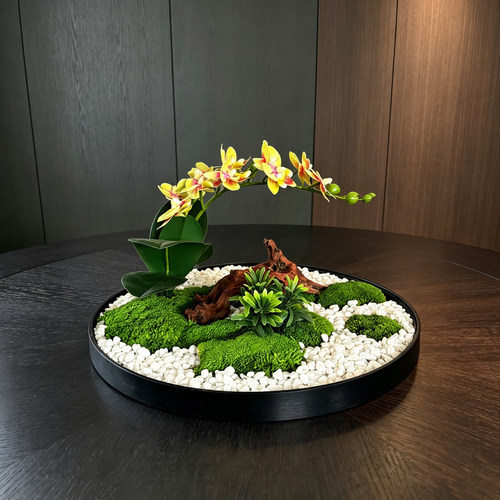 仿真花艺餐桌装饰摆件蝴蝶兰绿植永生苔藓花艺酒店圆桌景观摆花