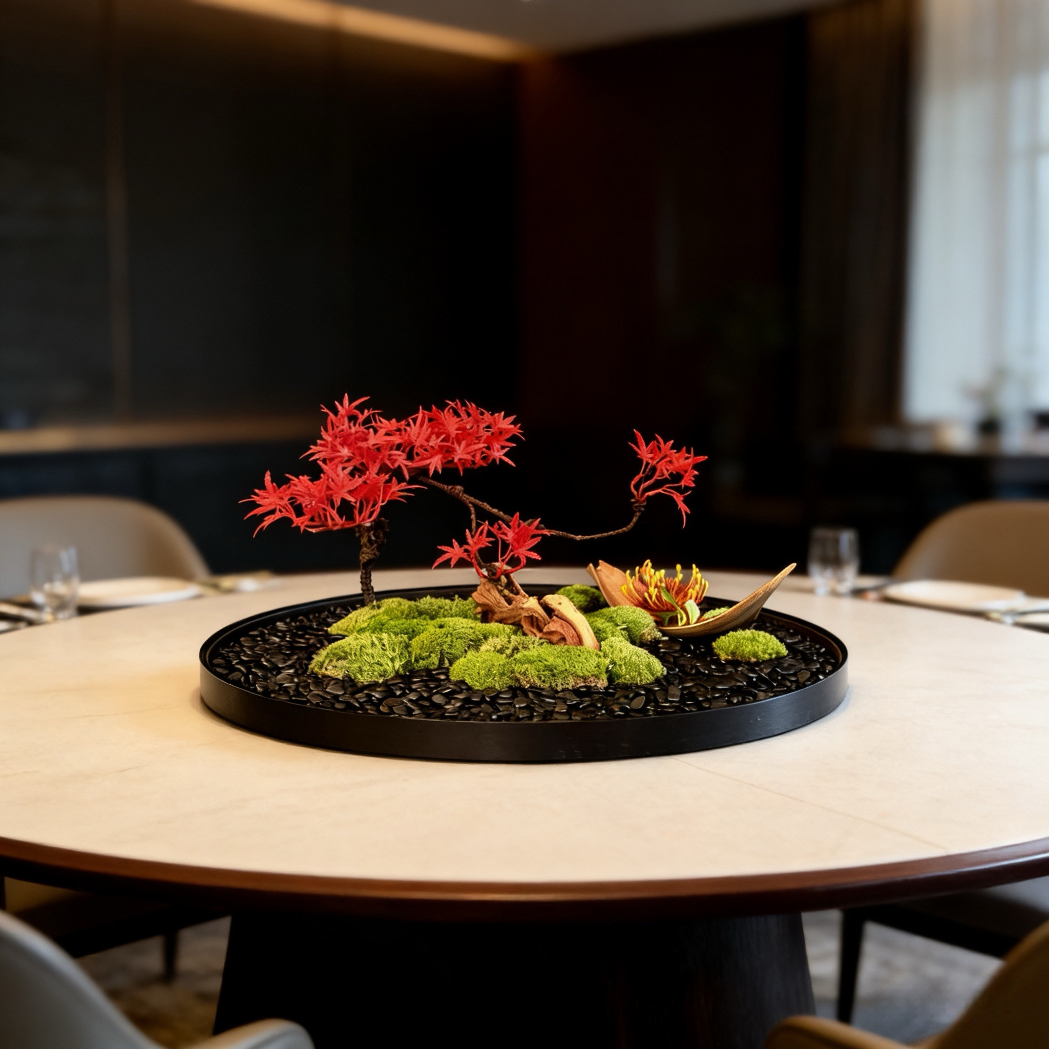 酒店大圆桌中间景观中式禅意红枫永生苔藓餐桌花艺摆件餐厅装饰品