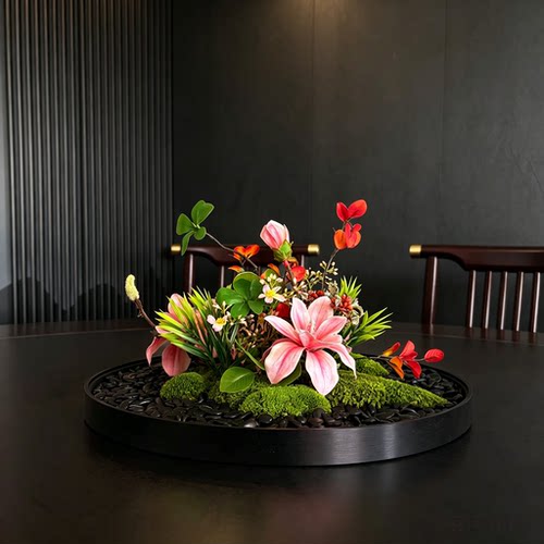 新中式餐桌花艺仿真花永生苔藓艺术摆件酒店饭店转盘中间景观装饰