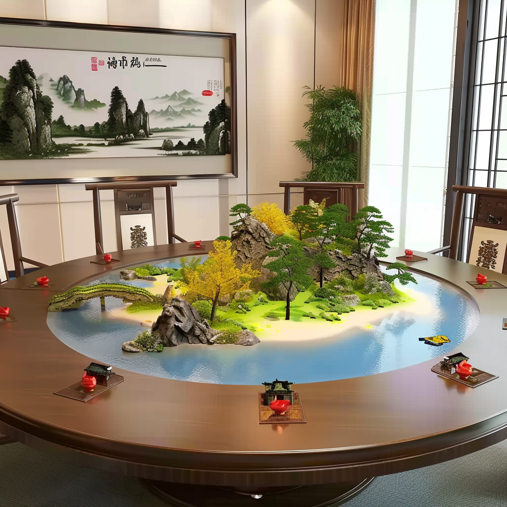 圆桌中间摆件盆景转盘大酒店植物台花装饰园林山水画花瓶沙盘