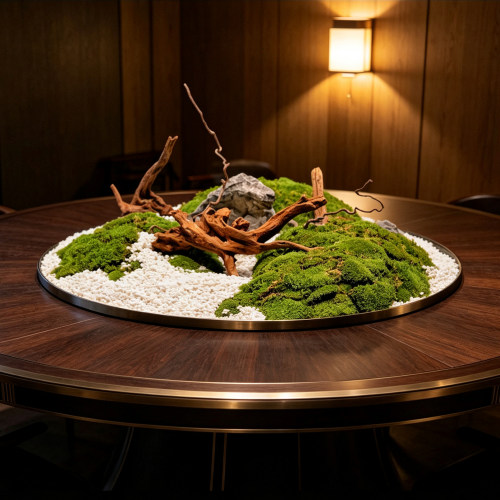 新中式餐桌花艺绿色永生苔藓摆件天然木枝酒店圆桌中间装饰摆花