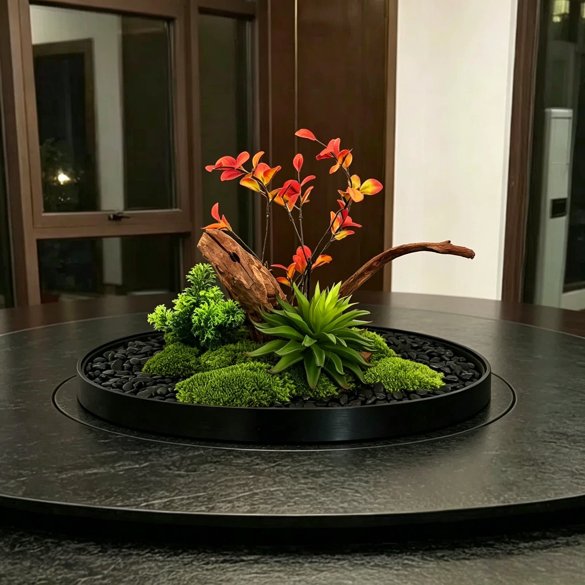 餐桌花艺仿真植物组合装饰永生苔藓枯木多肉小盆栽酒店圆桌花摆件