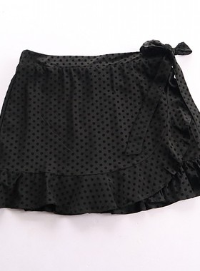 复古风黑色波点系带短裤女荷叶边高腰C1