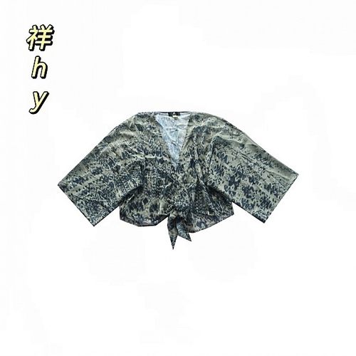 新中式风印花开衫女V领系带收腰