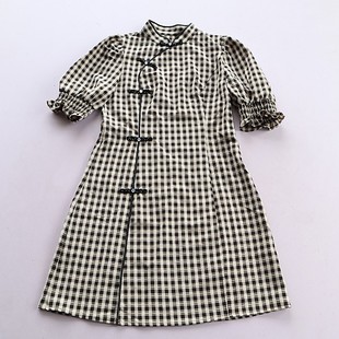 修身 子连衣裙女复古盘扣泡泡袖 气质裙A1 民国风格 新中式