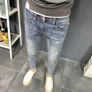 韩版潮流修身牛仔裤男社会精神小伙时尚百搭小脚九分裤紧身铅笔裤