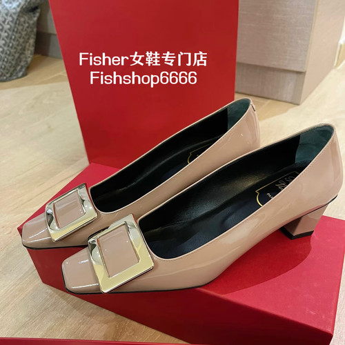 rv方扣rv单鞋漆皮粗跟女鞋中跟高跟平底方头婚鞋4.5CM/7CM马蹄跟