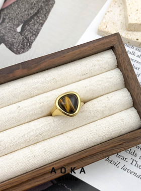 欧美风小众几何设计天然石虎眼石钛钢镀金戒指气质优雅轻奢饰品女