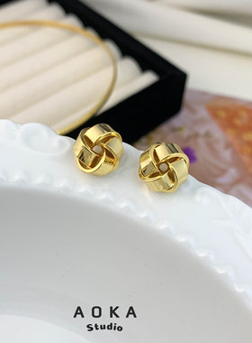 法式复古简约设计款缠绕扭花925银针耳钉铜镀金轻奢高级感耳环女