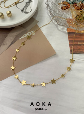 欧美INS时尚网红同款钛钢镀金五角满天星短款女式饰品项链毛衣链