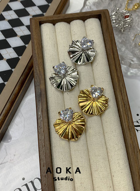 夸张复古心型锆石金银树叶耳环铜镀金饰品耳饰耳钉女生设计感通勤