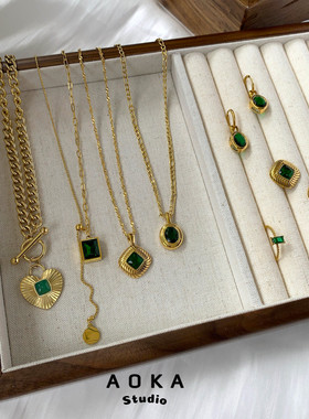 欧美ins复古风绿色锆石钛钢镀金系列项链耳环戒指法式气质饰品女