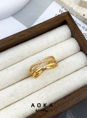 福利包邮ins简约微镶锆石多层交叉开口可调节戒指女气质通勤轻奢