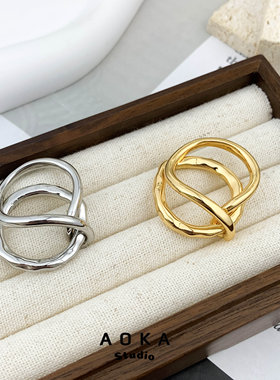 欧美创意设计交叉缠绕绕扭结双圈中性风戒指摩登酷帅个性大拇指环