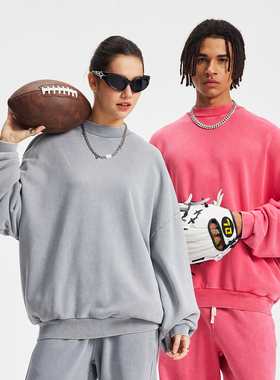 430G重磅纯棉毛圈面料 水洗做旧蜡染 美式宽松小高领圆领套头卫衣