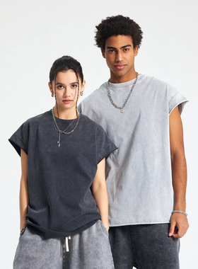 复古美式街头 275G纯棉 自然卷边开叉 炒盐水洗做旧宽松背心 坎肩