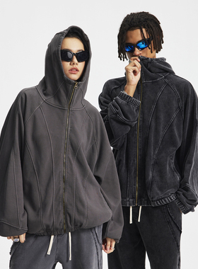 430G重磅纯棉毛圈 解构拼接 水洗做旧 半蒙面拉链宽松连帽卫衣