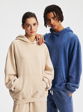 430G重磅纯棉毛圈面料 水洗做旧蜡染 美式基础款宽松连帽套头卫衣